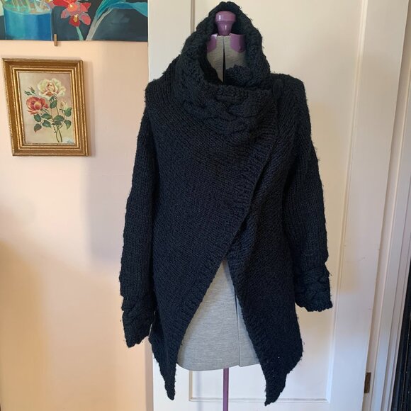 Hand Knit Black Wool Silk Coatigan Cardigan Coat Sweater Cables Asymmetrical L - Picture 2 of 6